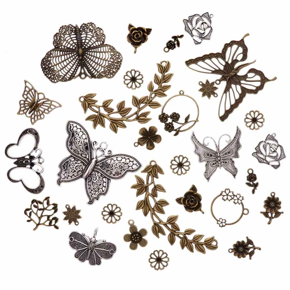 1set Vintage Mixed Silver Antique Bronze Charms Butterfly Flower Leaf Charm Pendants for DIY Jewelry Making Accessories #263743 |