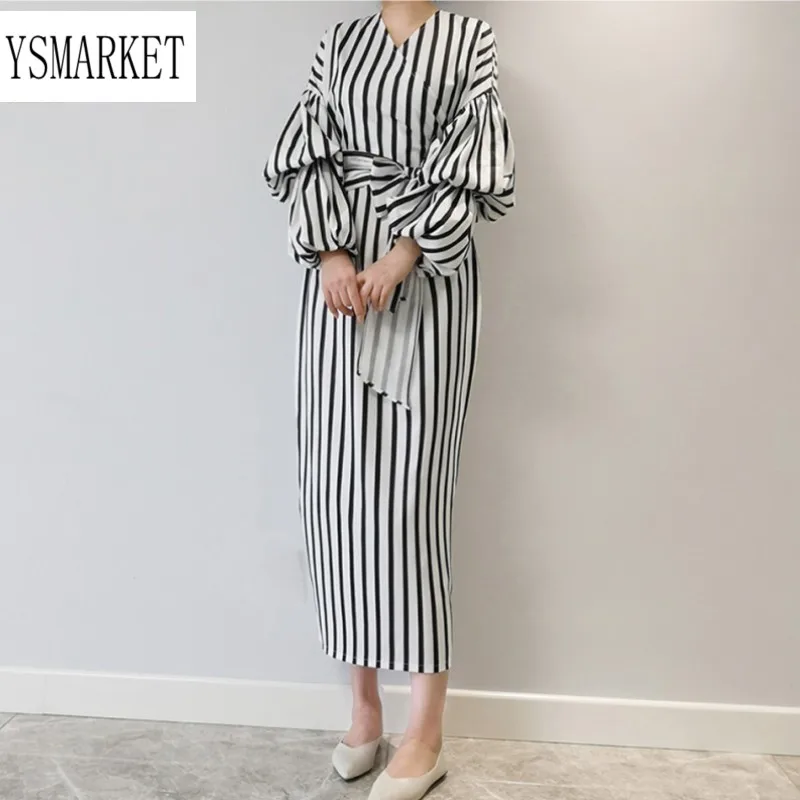YSMARKET мусульманское женское Полосатое платье макси модное с рукавами-фонариками