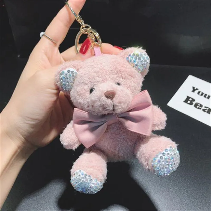 Cute plush teddy bear flash diamond doll key ring pendant toys keychain ladies car bag Christmas birthday gift |