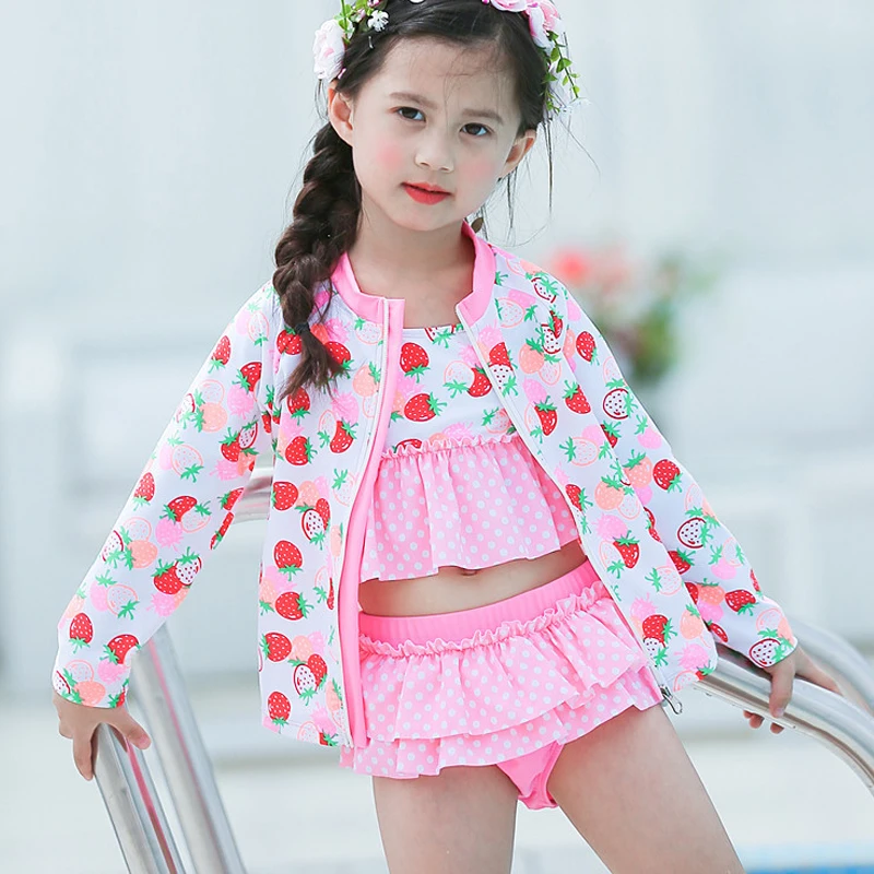 Toddlers Baby Girls 3 Pieces Swimsuits (Long Sleeve Sunproof Coat+Bikini Sets+Cap) Print Beach Sunblock Children Swimwear Girl | Спорт и