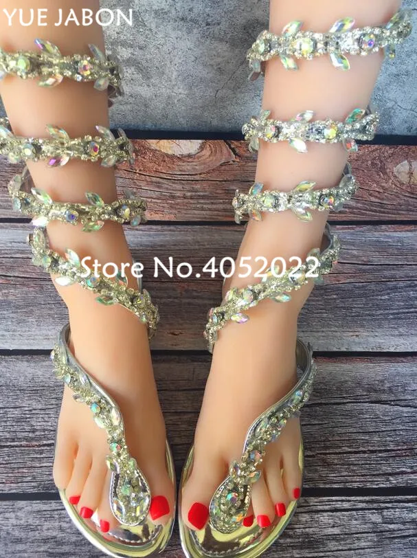 Женские сапоги до колена со стразами на плоской подошве в стиле панк | Обувь