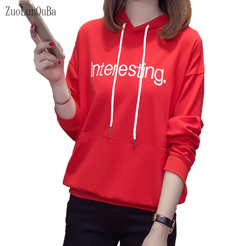 Red Letter Embroidery Harajuku Female Hoodies 2018 Autumn Korean Version Loose Long-sleeved Pullover Kawaii Sweatshirt Women | Женская
