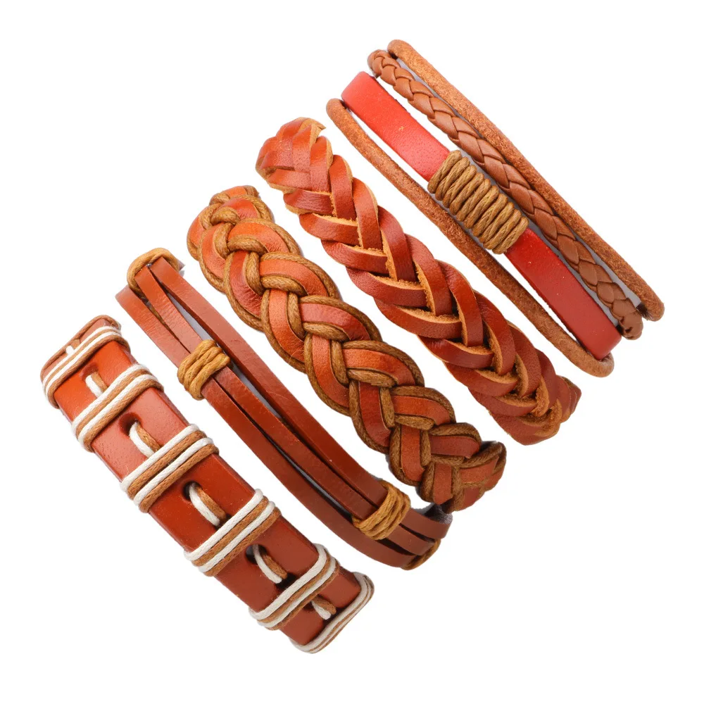 5pcs/set Hippie Punk Jewelry Brown Macrame Leather Band Wax Cord Rope Knots Layers Wrap Adjustable Bracelets Set for Man | Украшения и