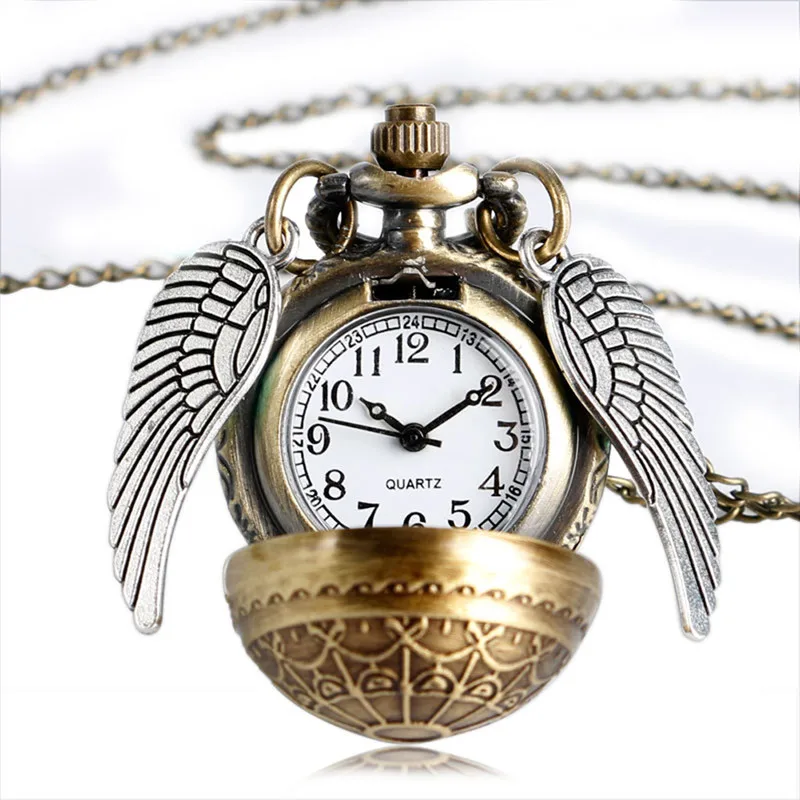 Bronze Ball Shape with Wings Quartz Necklace Vintage Pocket Watch Men's Chains and Fobs Relogio De Bolso Gifts |