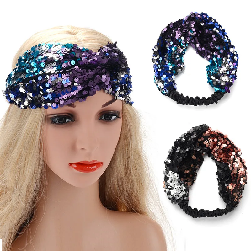 Очаровательные двусторонние повязки на голову с блестками эластичная
