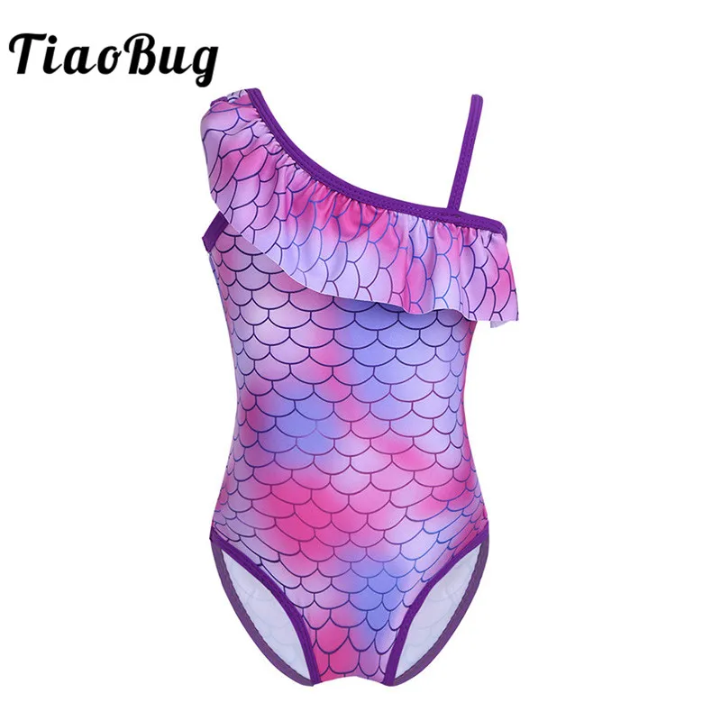 TiaoBug Children Girls One-piece Mermaid Scale Ruffle One-shoulder Swimsuit Kids Toddler Swimwear Stretchy Bodysuit Bathing Suit | Спорт и