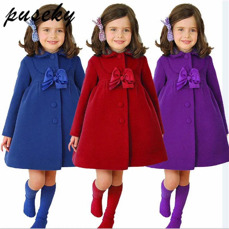 2018 Kids Girls Winter Autumn Spring Jackets Solid Color Bowknot Ornament Baby Blue Red Purple Coat 2-7Y Clothing | Детская одежда и