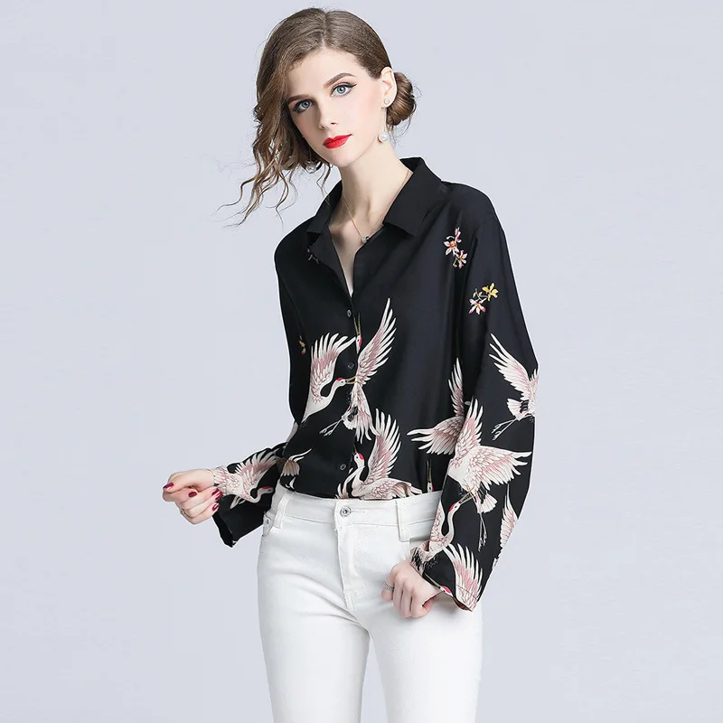 PADEGAO для женщин рубашка Весна Фея кран печатных свободные с длинным рукавом