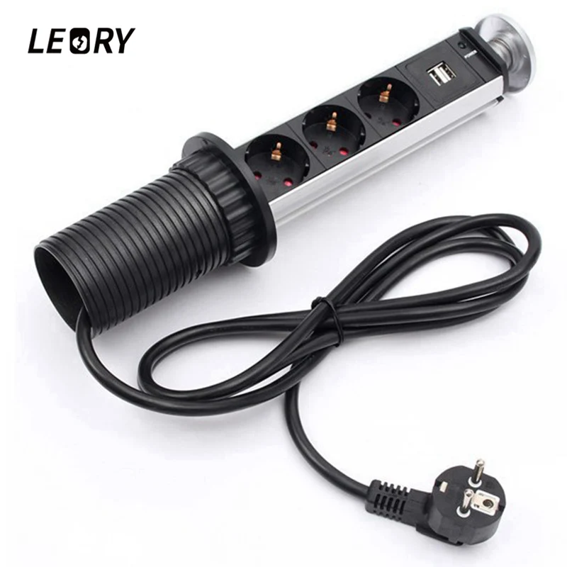 LEORY 1.8m EU Plug Electrical Socket Aluminum Shelf Kitchen Table Up Outlet 3 Plugs Mains Sockets And 2 USB | Электроника
