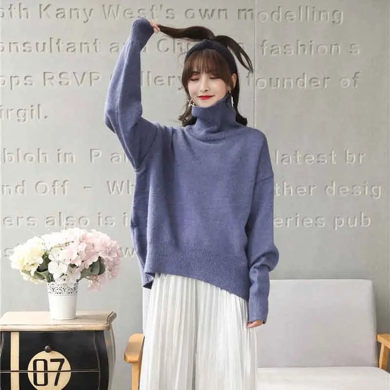 JUNMA пуловер свитер женский негабаритный водолазка длинный рукав сплошной цвет