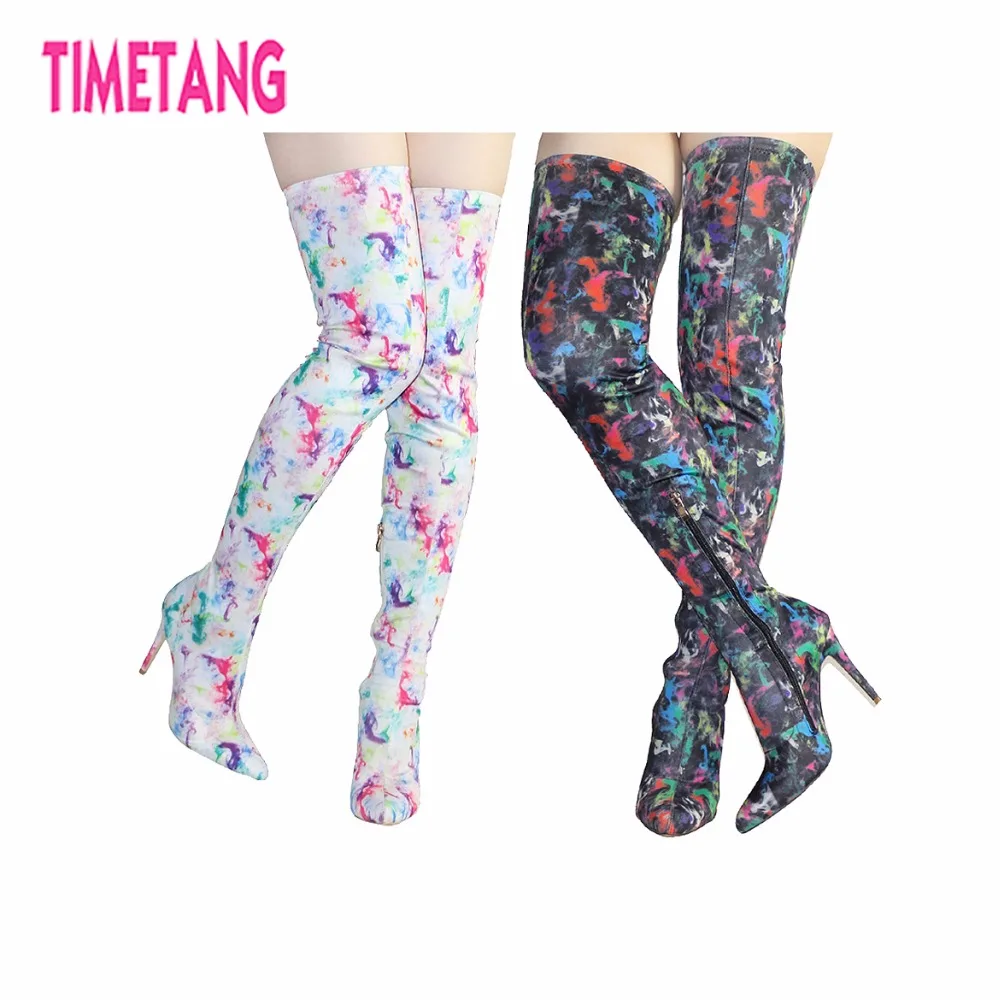 Женские сапоги размера плюс US4 12 Модные осенние выше колена с цветочным принтом