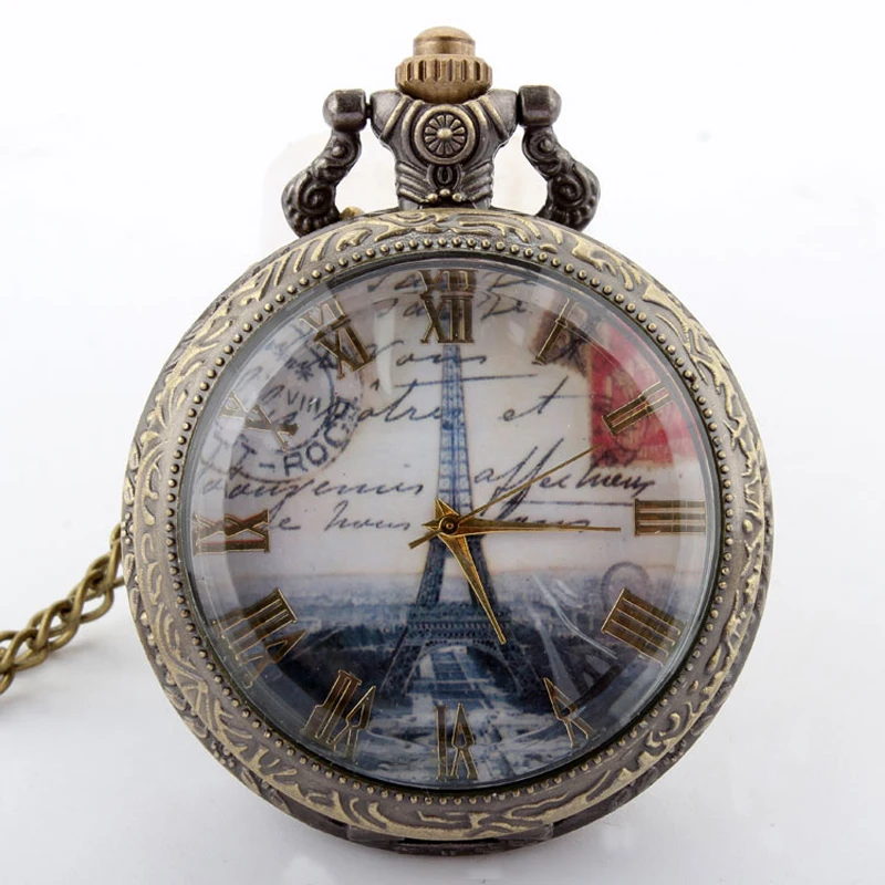 Eiffel Tower Pocket Watch Roman Numbers Bronze Antique Vintage Quartz Pendant Necklace With Fob Chain Men Women | Наручные часы