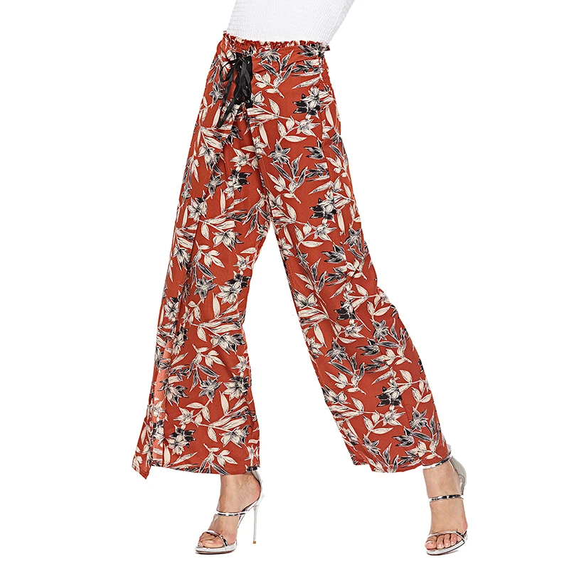 WHZHM Flower Printed Hign Waist Elastic Casual Pants Woman Spring Trousers High Quality Floral Full Wide Leg Ladies | Женская одежда