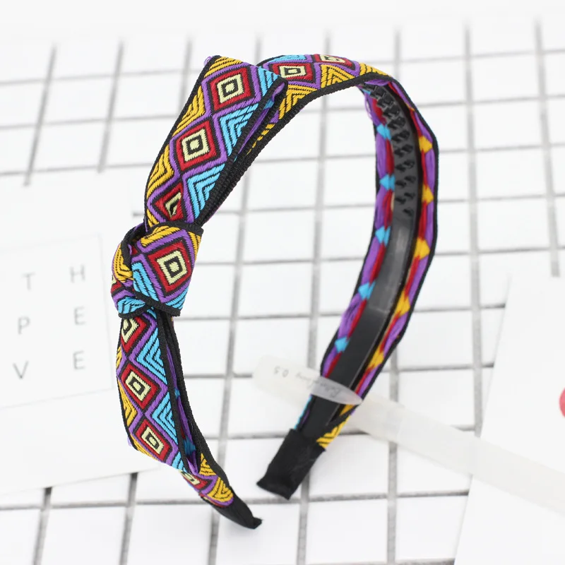 Ethnic Boho Embroidery Headbands For Girls Women Vintage Hair Accessories Braid Band Bohemian Rubber Plaid Bow Head Hoop |