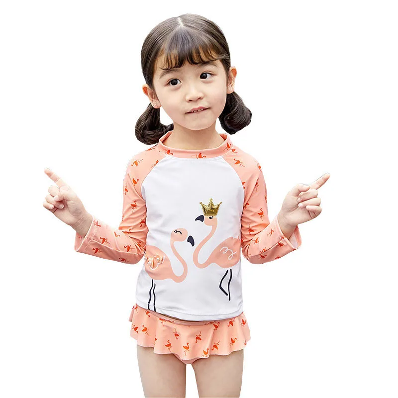 GI FOREVER 3-7 Year Girl Two Pieces Suit Children Cute Flamingo Swimsuit 2019 Kid Long Sleeve Skirted Swimwear Bathing | Спорт и