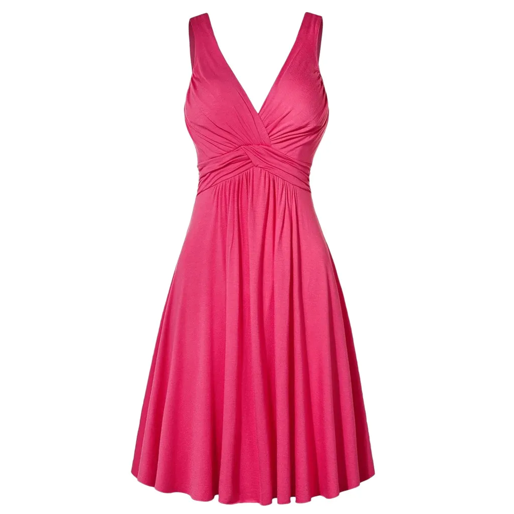 Women's Plus Size V-neck Retro Sling Pleated Slim Flare Dresse | Женская одежда