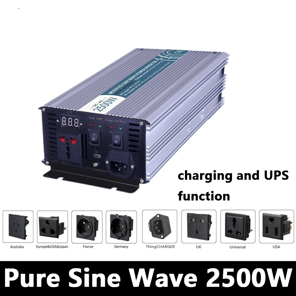 2500 Вт Чистая синусоида Инвертор DC 12 V/24 V/48 V к AC110V/220 решетки солнечной энергии