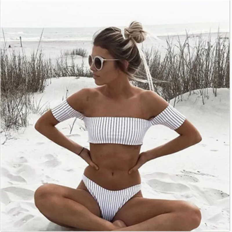 2017 Hot sell Women Off Shoulder Ruffles Striped Bikini Set Two Pieces Swimsuit Swimwear Beachwear Bathing Suit W | Спорт и