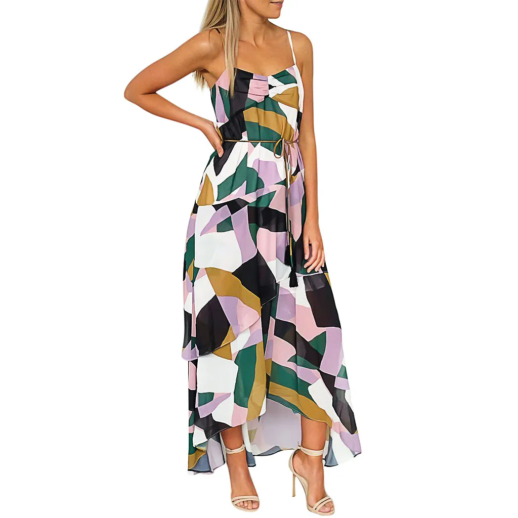 Женское летнее платье Пляжное длинное с асимметричным поясом и принтом размера