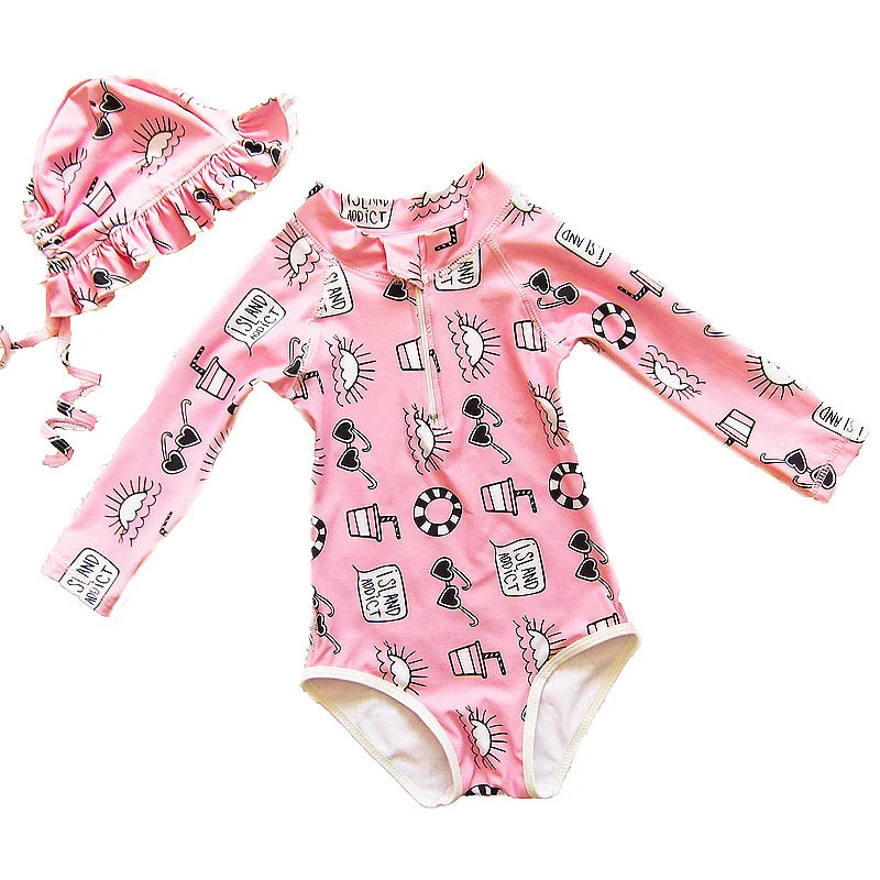 New Korean Style Sun-Proof Girl Long Sleeve Swimwear With Cap One Pieces Swim Suit Beach Wear Kids Bathing 2-9Years | Спорт и