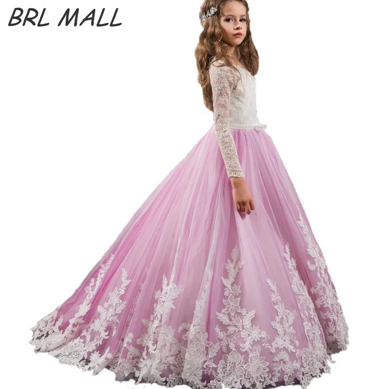 Custom Made Purple Long Sleeves Flower Girl Dress 2018 Cheap Kids Ball gowns Lace appliques first communion dresses for girls | Свадьбы и