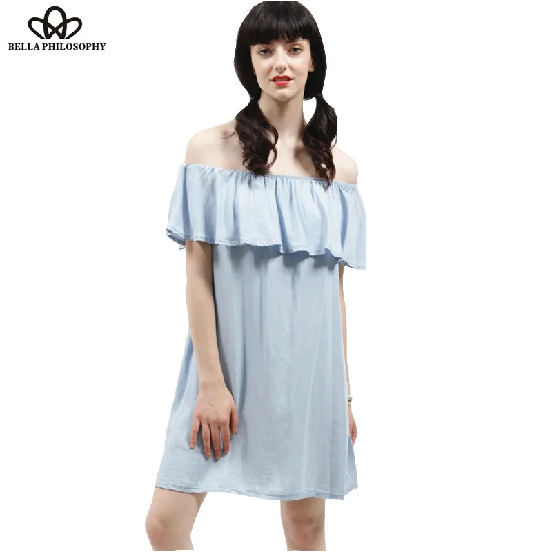 Bella Philosophy 2018 spring summer new ruffles slash neck light blue off shoulder denim casual dress | Женская одежда