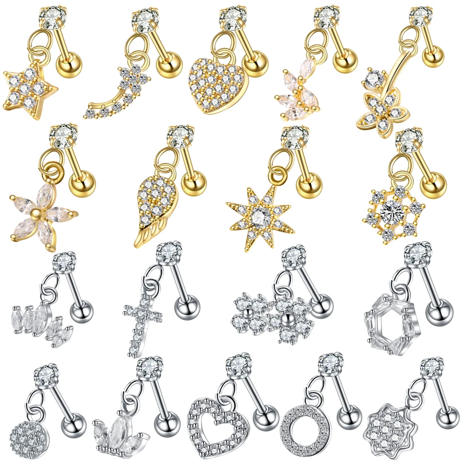 1 шт. длинные висячие ухо Ушной Хрящ Пирсинг Золотое сердце с шестигранной