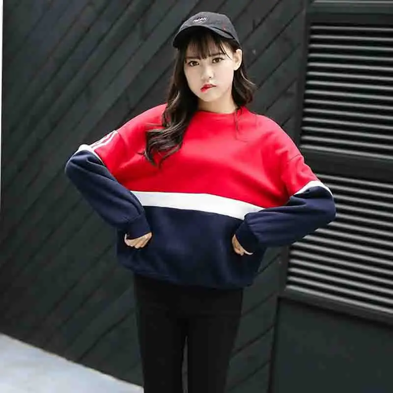 Autumn New Spell Color Stitching Harajuku Women Hoodies Pullover Fleece Loose Female Tracksuits Casual Round Neck Sweatshirt 2XL | Женская
