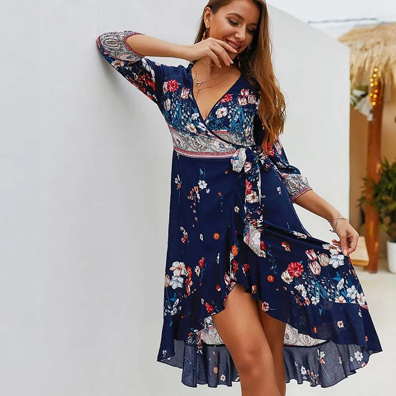 WHZHM Bohemian Elegant Celebrity Summer Flower Printed Party Dress Dark Blue Women Wrist Jurk Irregular Floral Sexy Beach | Женская