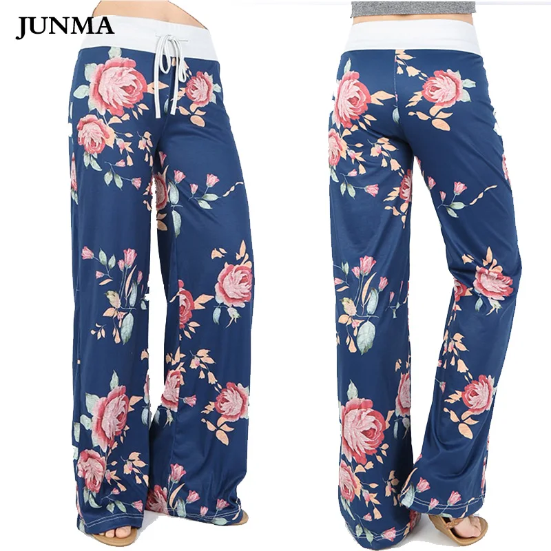 Повседневные женские осенние брюки с цветочным принтом 2018 широкие на шнурке