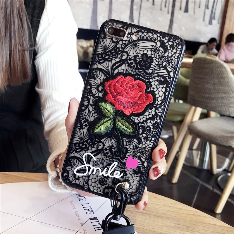 Lace Rose Flower Floral Emboss Case for Iphone X 8 7 6 6S Plus SE 5 5S Hand Strap Long Lanyard String Lady Girl Cover |