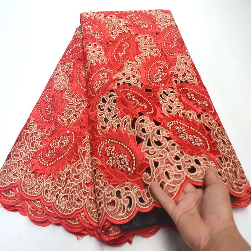 5 yards RED Gold Handcut African lace fabric beautiful Nigeria garment sewing with lots of stones beads DG129 | Дом и сад