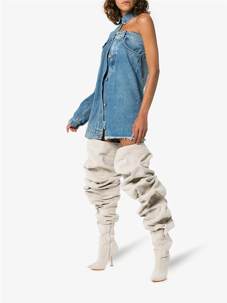 Женские Плиссированные сапоги до бедра Sestito демисезонные длинные с острым носком