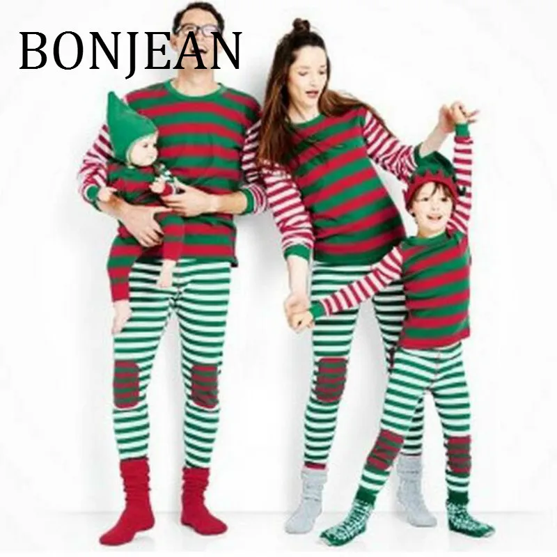 BONJEAN/одинаковые рождественские пижамы 2018 комплекты в полоску для семьи одежда