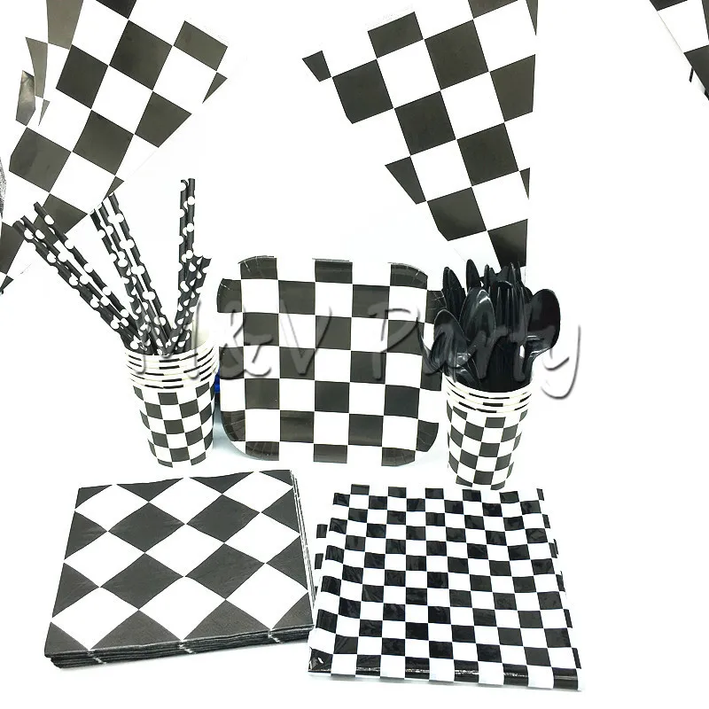 Black and White Plaid Theme Party Disposable Tableware Paer Flag Plates Cup Match Game Decoration Supplies | Дом и сад