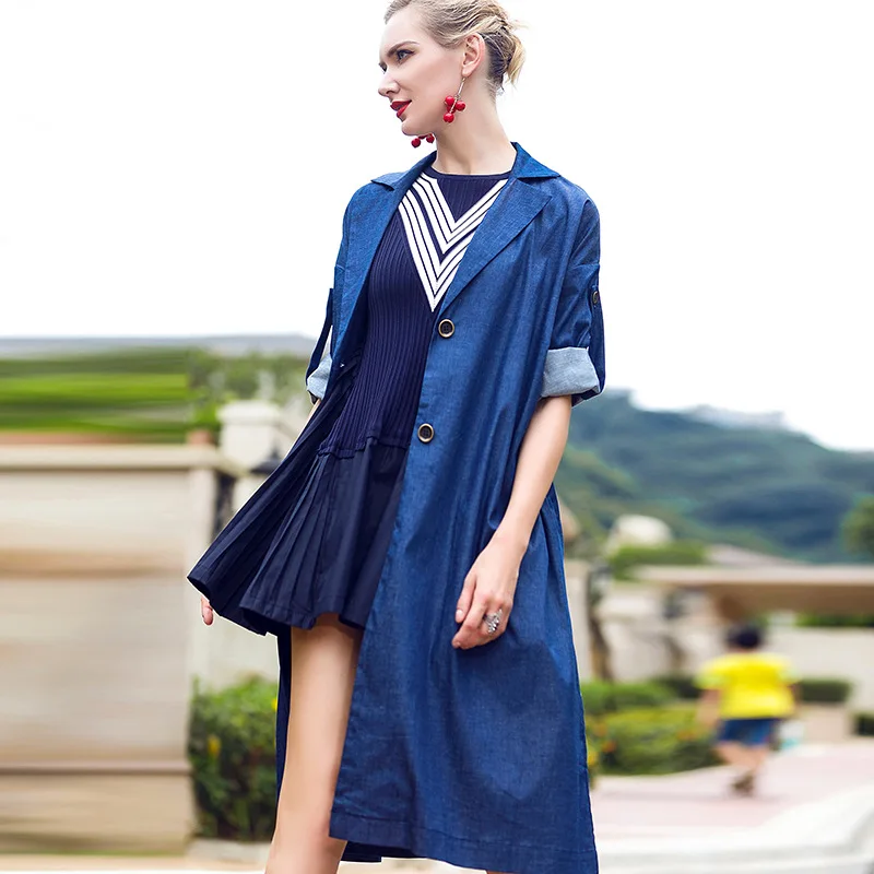 Kakagogo 2017 уличная длинные джинсовые Тренчи для женщин Пальто и пуховики Джинсы