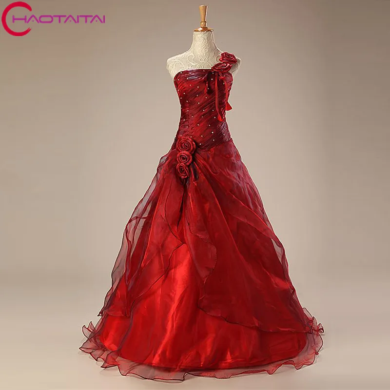 Red Quinceanera Dresses Long 2018 Ball Gown Bead Flowers One-Shoulder Sweet 16 Debutante Gowns Dress For 15 Years | Свадьбы и