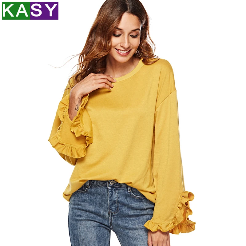 Осенние Женские однотонные пуловеры с длинными рукавами и круглым вырезом блуза