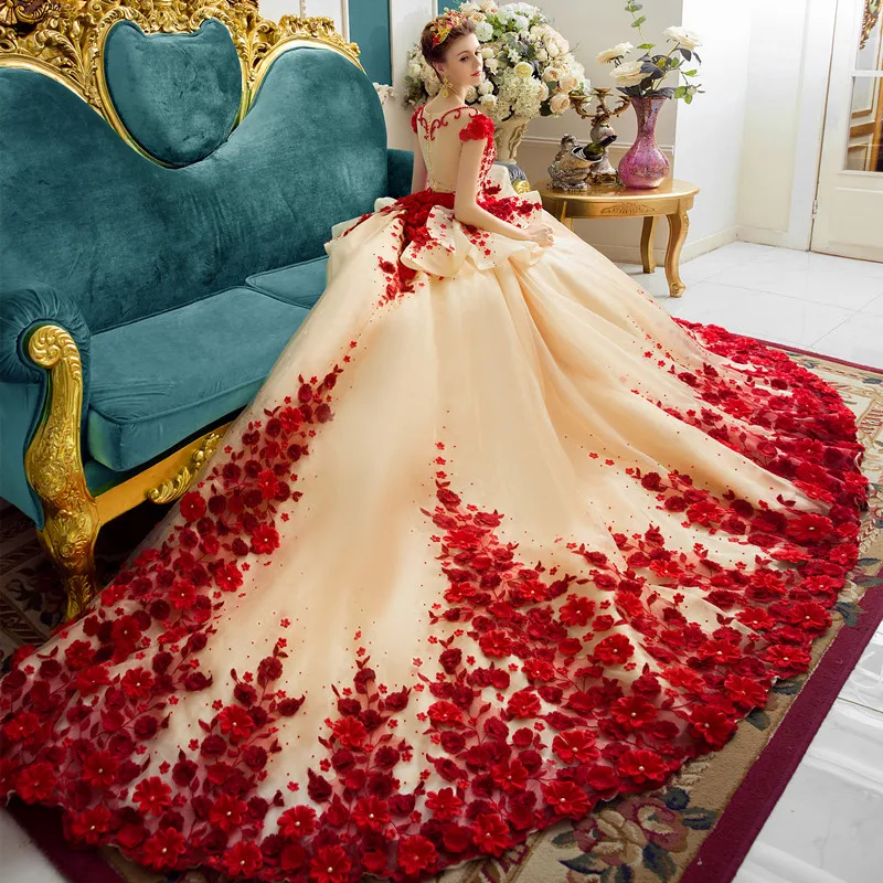 Quinceanera Dresses With Flowers and crinoline bride to be Ball Gown Backless Court Train Dubai Luxry Long Party SWL011 | Свадьбы и