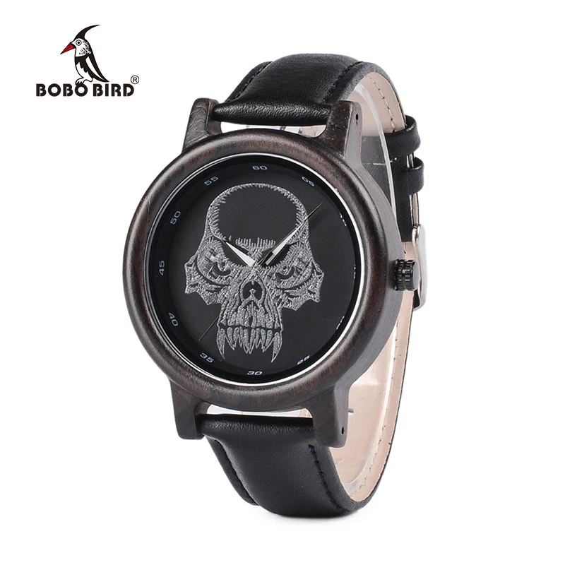 BOBO BIRD оптом бамбуковые деревянные часы Мужские Женские кварцевые с черепом в
