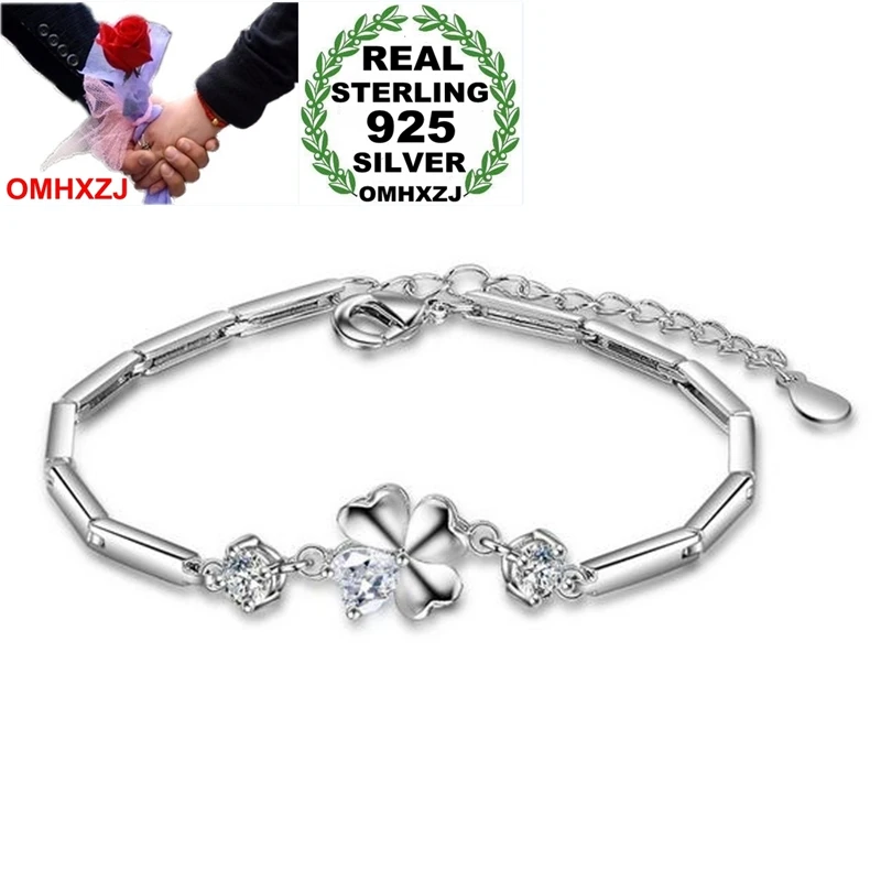 OMHXZJ Wholesale Fashion Sweet Woman Girl Party Gift Heart Leaves Lucky Flower Zircon 925 Sterling Silver Bracelet Bangle SZ115 |