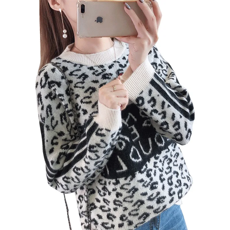 Sweater Women 2018 Autumn Winter New Fashion Letters Leopard Thick Long Sleeve Bottoming Knit Pullover Tops Vadim | Женская одежда