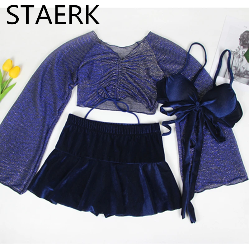 New Sexy blue Womens Swimsuit Halter Push Up Bikini Set Cover ups Swimwear Bathing Suit padded 3 piece set Short skirt |