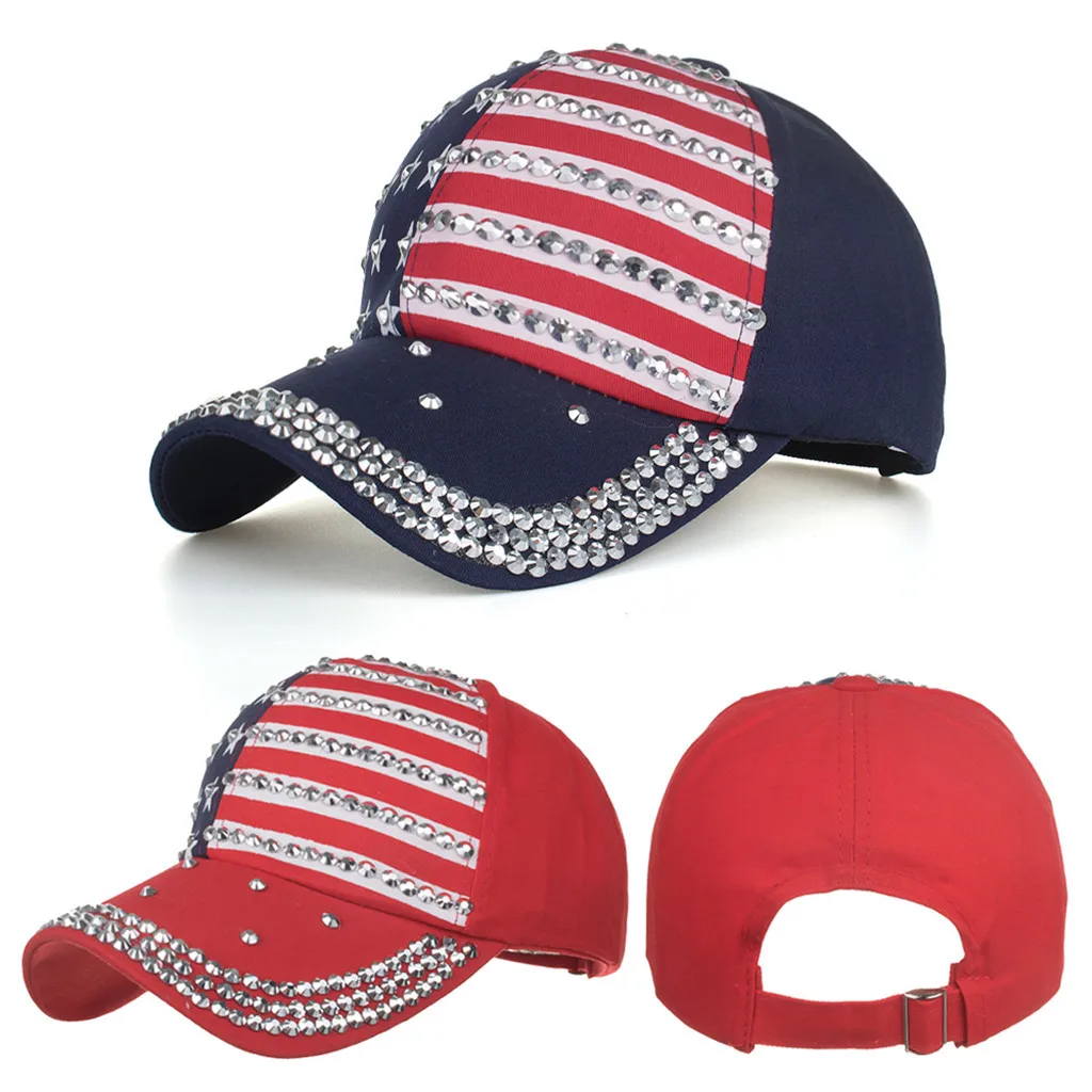 verano mujer Men Women Baseball Caps American Flag Adjustable Cotton Cap Star Rhinestone women summer hat | Аксессуары для одежды