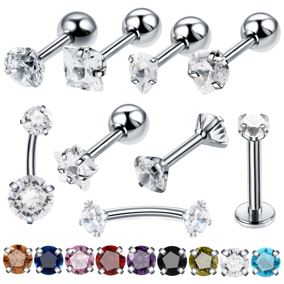 1PC Steel Crystal Zircon Ear Helix Tragus Eyebrow Rings Piercing Ombligo Labret Ring Piercings Lobe Flat Earring Jewelry | Украшения и