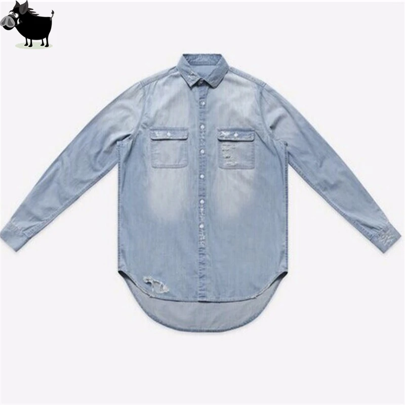 Man Si Tun New Distressed Denim Shirts Mens Hip Hop Cowboy Tshirt Long Sleeve Streetwear Swag Tyga Top Tee Clothes | Мужская одежда