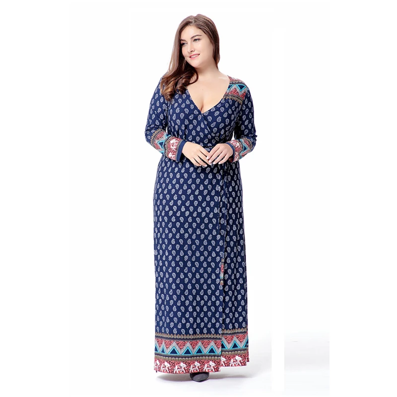 2019 Spring Autumn Fashion V Neck Blue Color Big Size Xl-6xl High Waist Women Long Print Dress Jl-sq017 | Женская одежда
