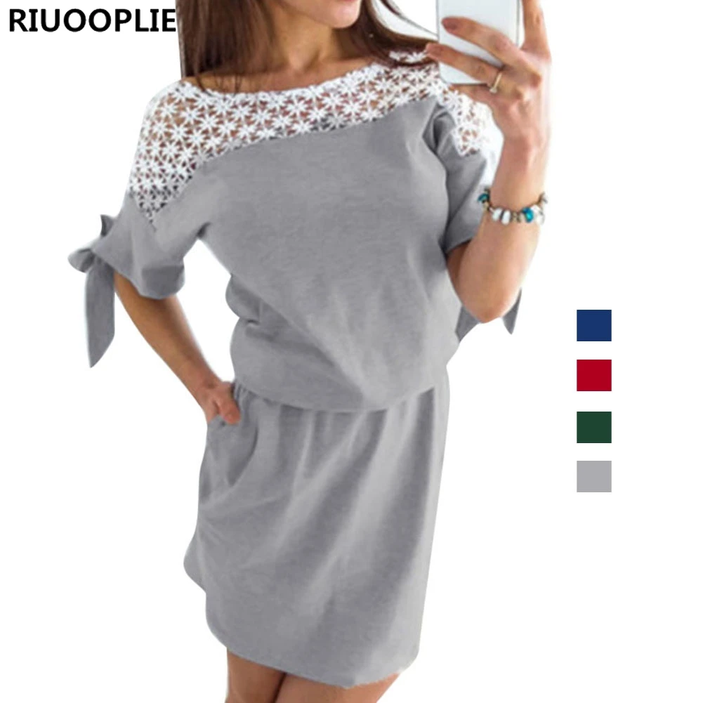 RIUOOPLIE/женские кружевные платья с круглым вырезом и бантом Короткие повседневные