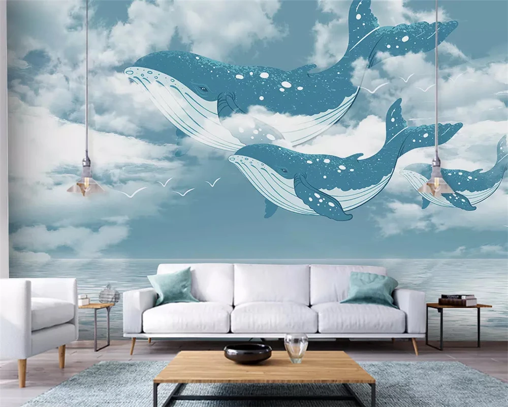 beibehang Custom silky papel de parede 3d wallpaper Nordic creative Mediterranean ocean sky whale children's room background