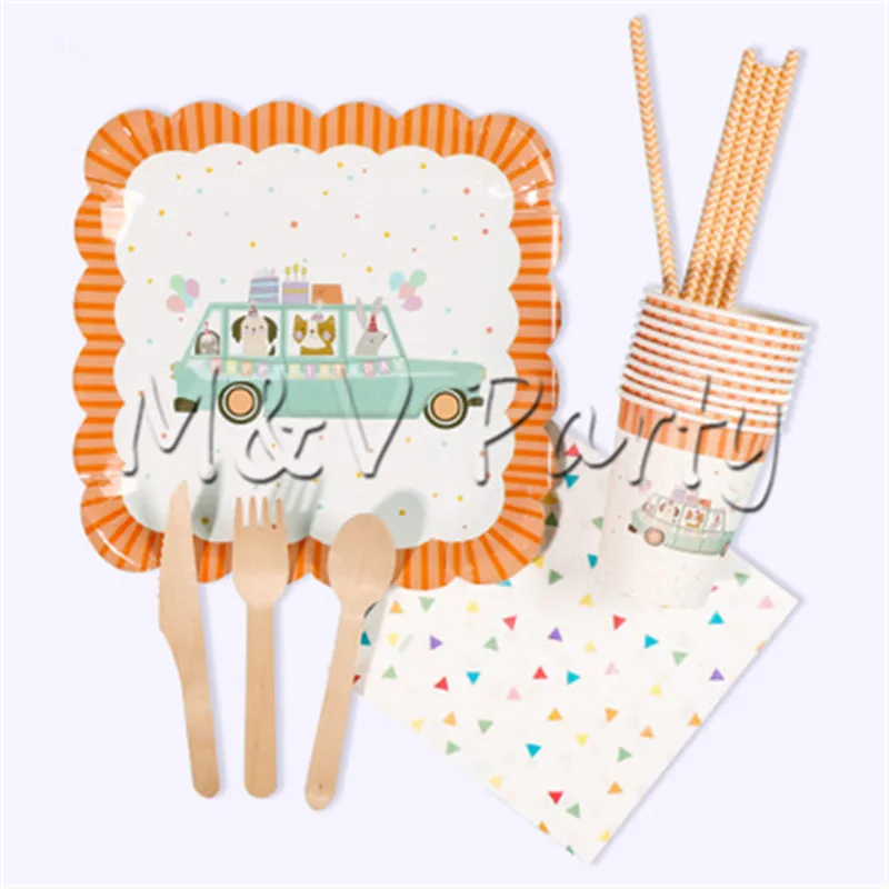 80 шт./лот мультфильм животных автомобиль вечерние одноразовой посуды деревянный